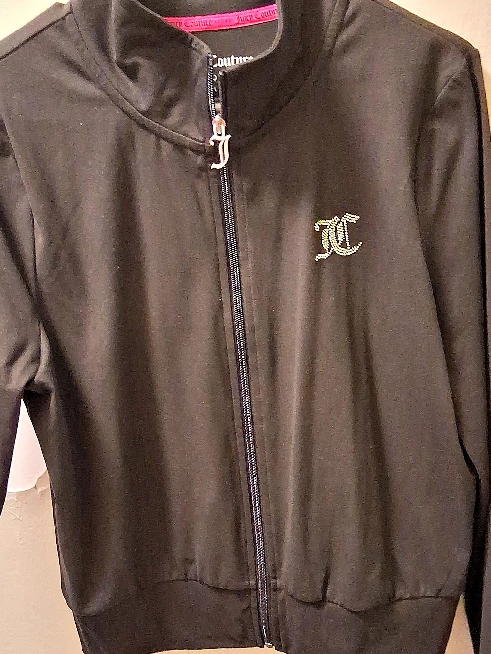 Juicy Couture Black Velour Rhinestone Logo Track Jacket Women's Large